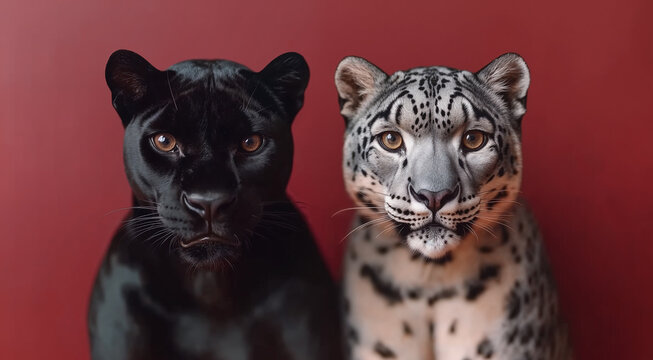 Rare black panther and spotted leopard side by side, Endangered big casts, Feline diversity and beauty