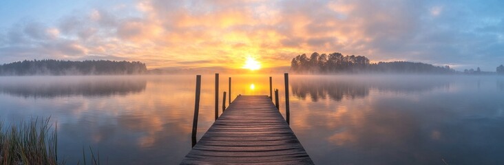 Obraz premium Sunrise over a Misty Lake with a Wooden Pier