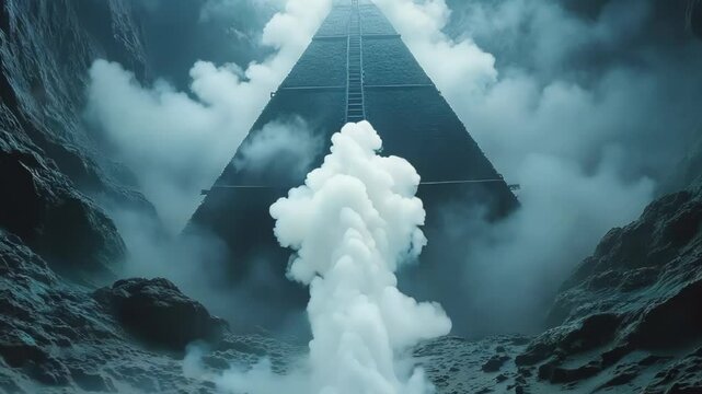 Pyramidal generator expels steam in cavernous chamber. Wispy plumes undulate in electrostatic fields. Mysterious energy emanates from the structure, creating an otherworldly atmosphere.	