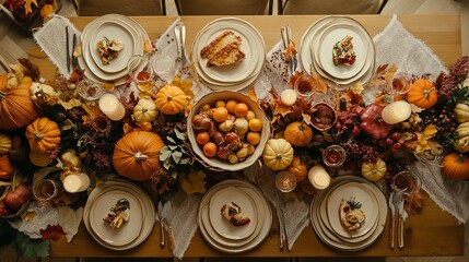 A Thanksgiving Day table set for a delicious fall feast, as seen from above.