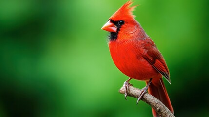 A close-up of a bright red cardinal perched on a branch, with a blurred green background highlighting its vivid colors.