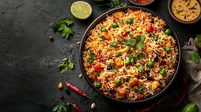 A delicious Indian vegetable biryani with green peas and cilantro, bursting with vibrant colors and flavors.