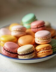 Obraz premium Colorful Macarons on a Plate. Assortment of pastel-colored macarons. Sweet treat, French pastry.