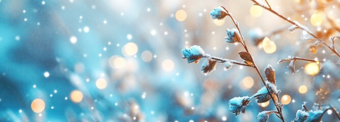 Fototapeta premium Winter Wonderland: Snowy Branches with Bokeh Lights