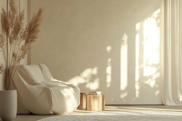 Cozy living area scene. Interior of living minimal style with empty space for products presentation or text for advertising , ai