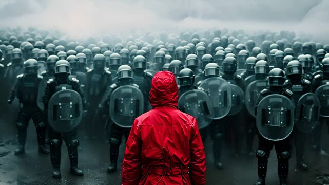A solitary individual in a red coat confronts a massive line of riot police shrouded in fog, creating a dramatic atmosphere and tension