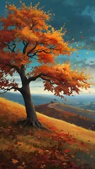 Lonely tree landscape painting view with dramatic stormy weather sky, autumn beautiful natural view