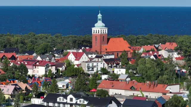 Aerial drone view of  Baltic Sea coast in Hel peninsula, Jastarnia. Puck Bay in Poland. Jastarnia city in Poland.  