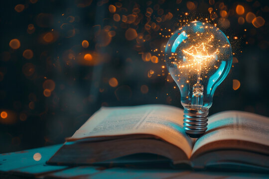 Bombilla incandescente y libro o libro de texto con un icono futurista. Concepto de autoaprendizaje o de estudio de conocimientos y negocios. Idea de clases en l&iacute;nea o aprendizaje electr&oacute;nico en casa.