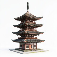 Fototapeta premium 3D Render of a traditional Japanese pagoda with tiered roofs and curved edges, on isolated white background