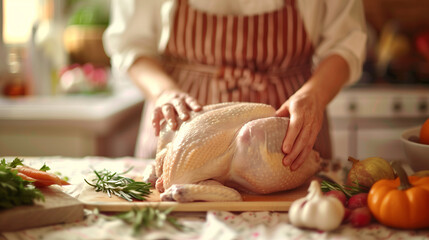 Close up of a senior woman hands is preparing a Thanksgiving turkey on a table in a kitchen. Background for the Thanksgiving seasonal celebration.