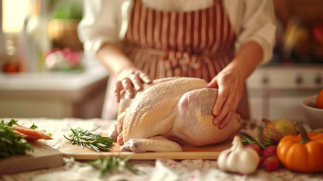 Close up of a senior woman hands is preparing a Thanksgiving turkey on a table in a kitchen. Background for the Thanksgiving seasonal celebration. - Powered by Adobe