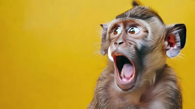 A surprised monkey with its mouth open on a yellow background