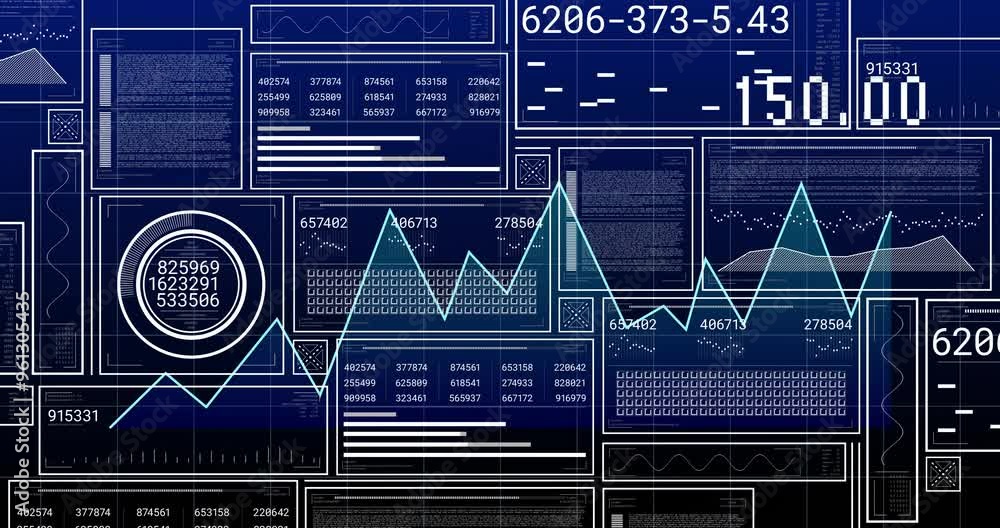 Poster graphs and numerical data analysis animation over blue digital interface background