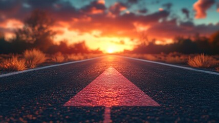 An arrow on an empty road pointing towards the horizon, symbolizing determination and the journey ahead.