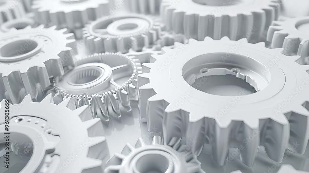 Poster a close-up view of interlocking white gears, creating an abstract and detailed pattern. the clean, m