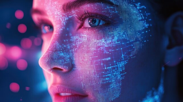 A human face seamlessly blending with digital elements, symbolizing the fusion of humanity and technology in a futuristic setting.