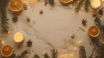 Festive flat lay arrangement featuring space for customizable text and decorative elements