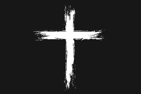 A rough white brushstroke cross is centered on a black background, symbolizing simplicity and faith in a bold, artistic style