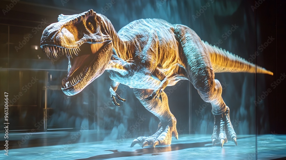 Poster captivating holographic display of a lifelike tyrannosaurus rex dinosaur in motion showcasing the po