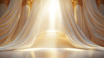 gold background with stage curtains, light shining through the curtain, stairs leading to heaven in the center, golden and white colors, soft tones, luxurious fabric texture