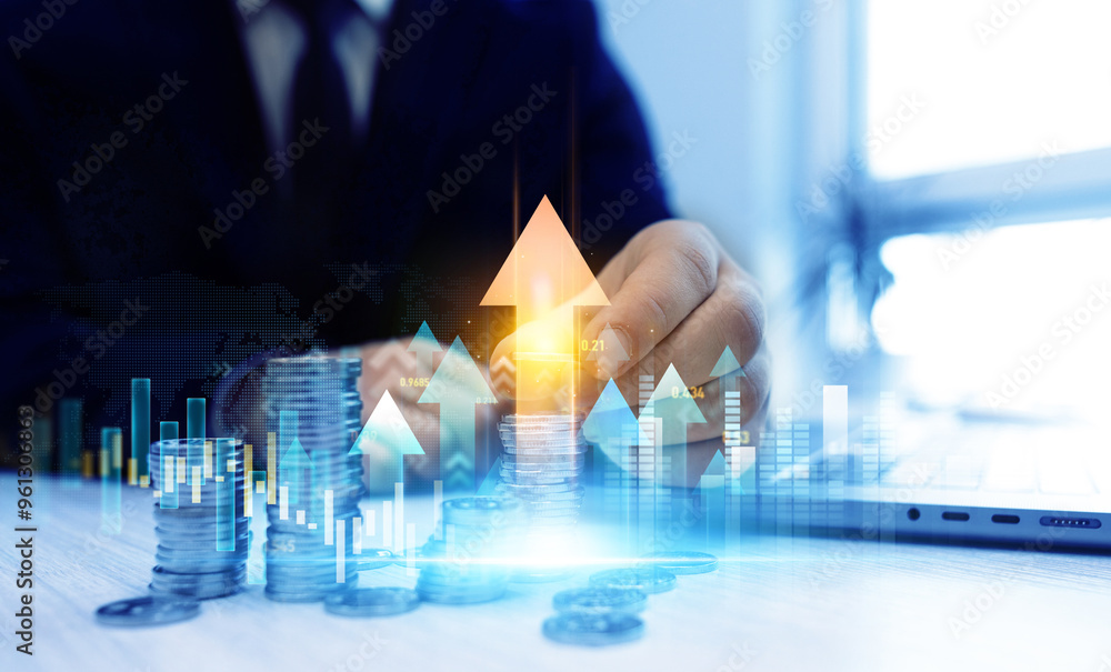Poster Saving money concept.Stack of coins with trading price graph growth.Money business financial graph diagram of coin. Financial growth data or investment market profit bar and success report.