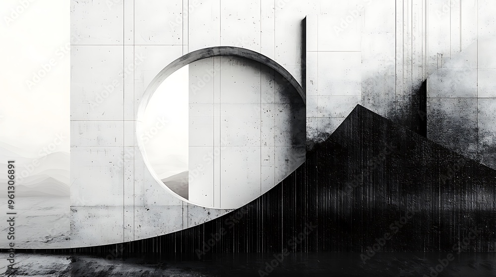 Poster an abstract concrete architecture with a circular window and a black wall, blending minimalism with 