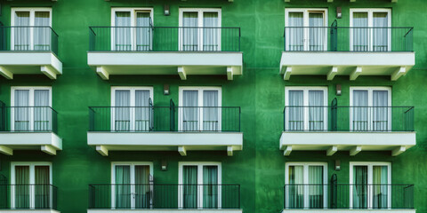 Fototapeta premium Bright green facade of old building or hotel with windows and balconies. City architecture minimalist concept. Minimal pattern building background.