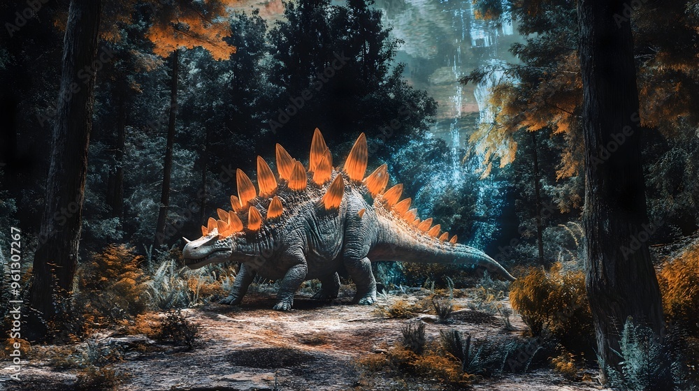 Poster holographic visualization of a stegosaurus dinosaur grazing in a lush prehistoric forest environment