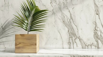 Tropical design showcasing cube wood podium with green palm leaf on white wood table and marble wall.