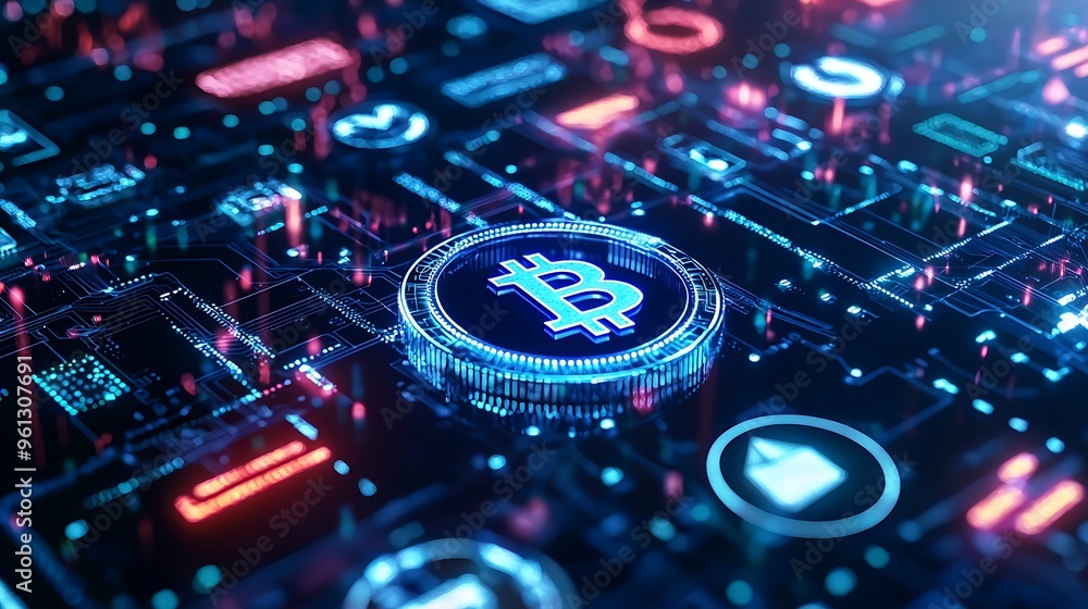 Poster a bitcoin digital coin displayed on a circuit board, symbolizing cryptocurrency and technology.