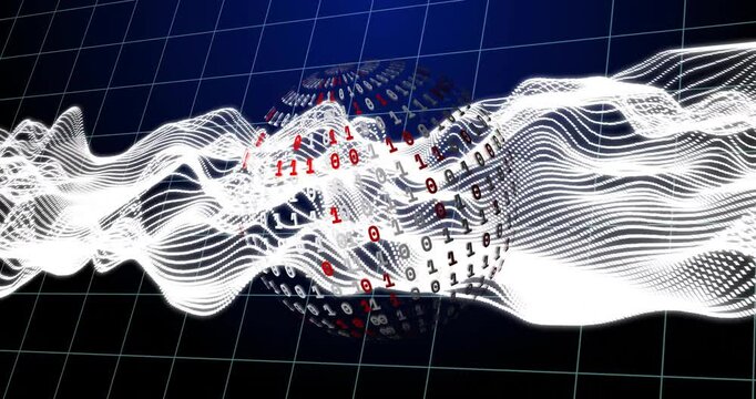 Binary code and wave patterns animation over grid background