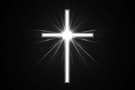 bright glowing cross with rays of light radiating from it against a dark black background, symbolizing faith and hope