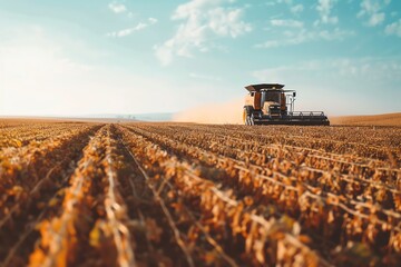 Fototapeta premium A farmer harvests his soybean crop using a combine harvester.