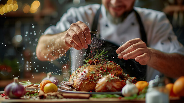 Close up of chef is seasoning a Thanksgiving turkey on a wooden countertop in a kitchen. Background for the Thanksgiving seasonal celebration.