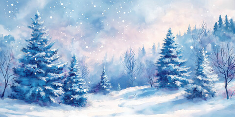 Fototapeta premium Beautiful New Year illustration drawn in watercolors. fabulous winter forest in snowfall. Concept New Year advertising banner for New Year 2025