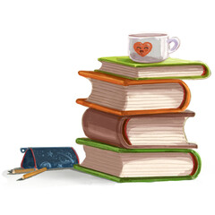 Big stack of textbooks, notebooks, a pencil case with pencils and pens and a cup with a drink