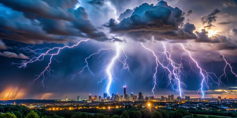 Thunderstorm with lightning striking a distant city skyline, extreme weather, electrifying atmosphere