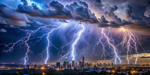 Thunderstorm with lightning striking a distant city skyline, extreme weather, electrifying atmosphere