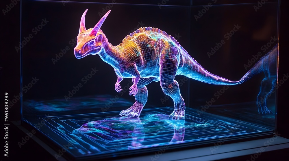 Poster holographic visualization of a parasaurolophus dinosaur using its distinctive crest to communicate i