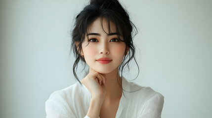 A woman with soft features poses thoughtfully in a light setting.