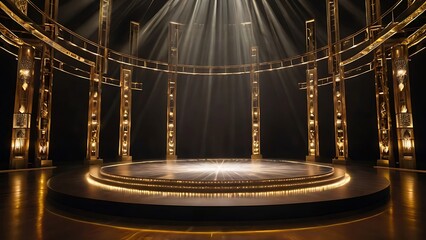 Dramatic and elegant golden luxury stage setup with a circular platform at the center, suitable for showing products and projects