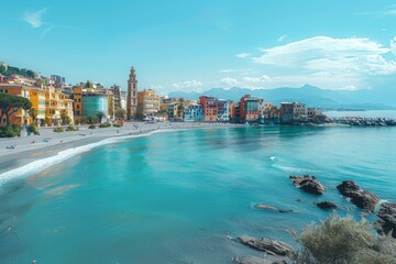 Fototapeta premium Genova, Italy, aerial view of colorful beachside buildings with blue sky and sea in the background.
