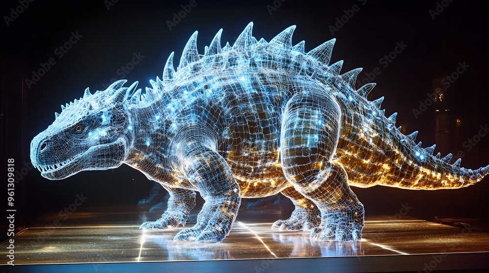 Poster holographic projection of an ankylosaurus an armored prehistoric dinosaur with a distinctive clubbed