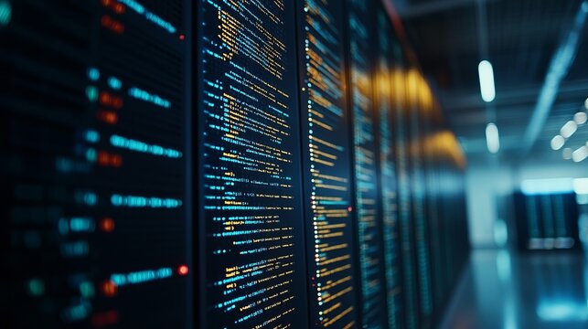 Lines of code displayed on computer screens in a data center, used for troubleshooting and upgrading hardware, with close-up views of scripts running on PC monitors among server racks.
