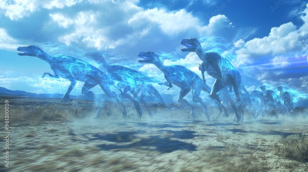 Poster a stunning digital rendering of a holographic display showcasing a pack of graceful ornithomimid din