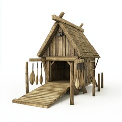 3D Render of a wooden boathouse with a ramp and hanging oars, on isolated white background