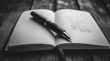 Monochrome pen resting on an open notebook, simple elegance of stationery, inviting creativity and thought, perfect for jotting down ideas and reflections.