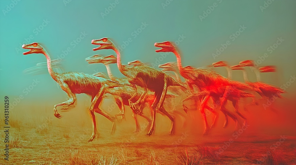 Poster digital projection of a hologram depicting a group of ornithomimid dinosaurs running dynamically acr