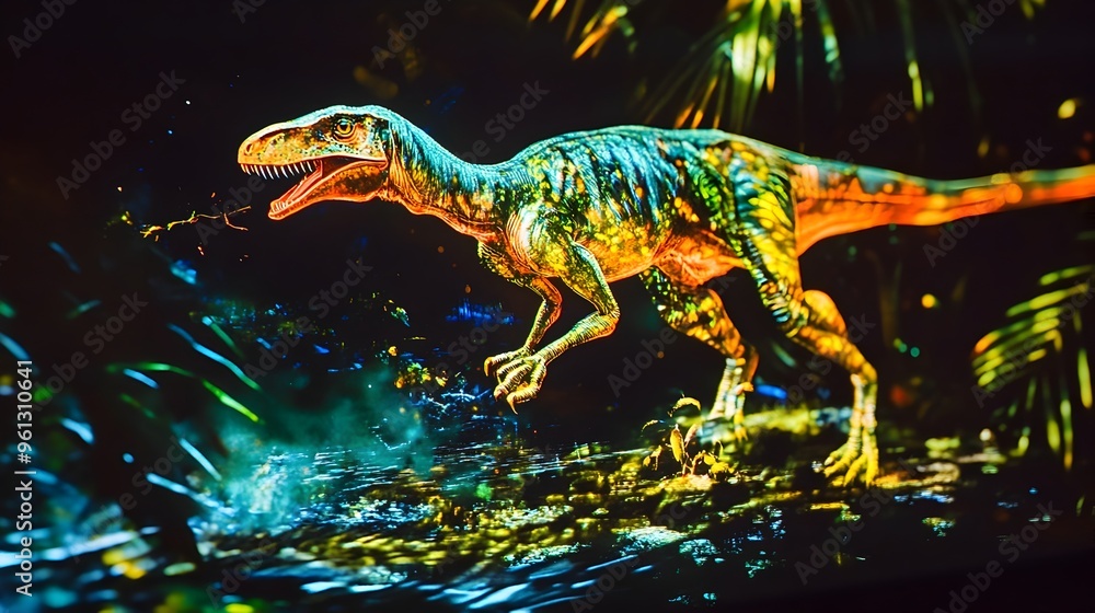 Poster a holographic image depicting a compsognathus a small carnivorous dinosaur from the jurassic period 